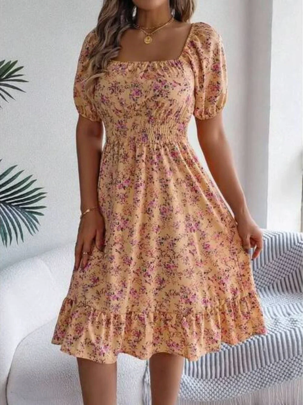 / Puff Sleeve Drawstring Short Sleeve Floral Dress - Picture 4 of 6